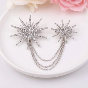 Silver Crystal Starburst Chain Brooch Pin